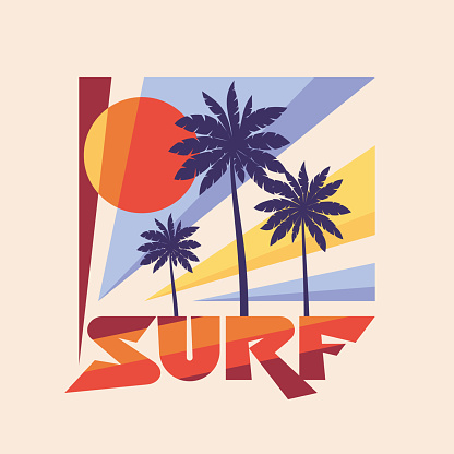 Surf - vector illustration concept in vintage graphic style for t-shirt and other print production. Palms, sun illustration. Badge design. 80's style vintage retro California beach.