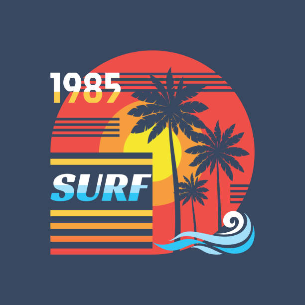 ilustrações, clipart, desenhos animados e ícones de surf - conceito de ilustração em estilo vintage gráfico de vetor para t-shirt e outra de produção de impressão. palmas, sol. projeto distintivo. anos 80 estilo retrô praia da califórnia. - 1985