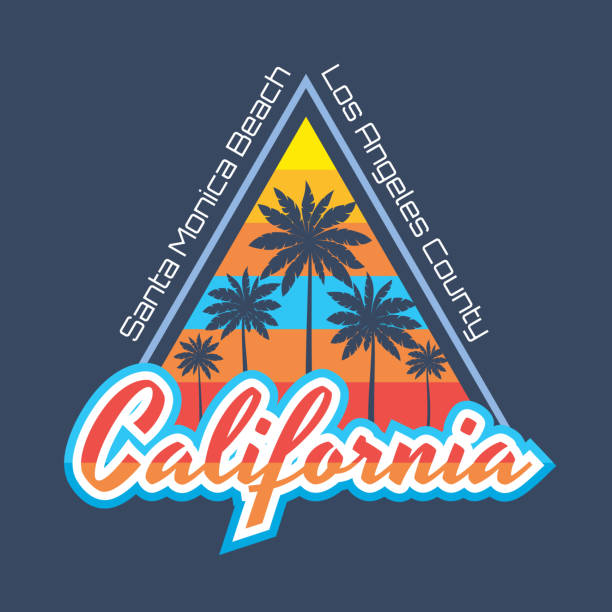 캘리포니아-빈티지 스타일 t-셔츠 및 기타 인쇄 제작에서에서 벡터 일러스트 레이 션 개념. 손바닥입니다. 배지 디자인입니다. 레트로 스타일입니다. 산타 모니카 해변입니다. 로스 앤젤레스 카� - santa monica beach beach california wave stock illustrations