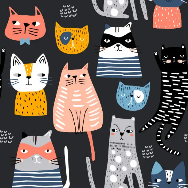 Vector illustration of Seamless pattern with cute Kittens in diferent style. Creative childish texture. Great for fabric, textile Vector Illustration