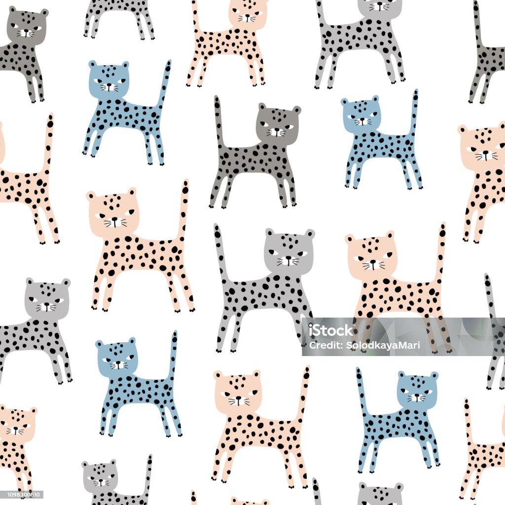 Seamless pattern with cute hand drawn leopards. Creative childish texture. Great for fabric, textile Vector Illustration Animal stock vector