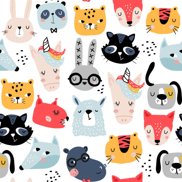 재미 있는 동물 얼굴 완벽 한 유치 한 패턴입니다. 포장, 섬유, 벽지, 의류, 직물에 대 한 크리에이 티브 스 칸디 나 비아 아이 텍스처. 벡터 일러스트 레이 션 - raccoon dog stock illustrations
