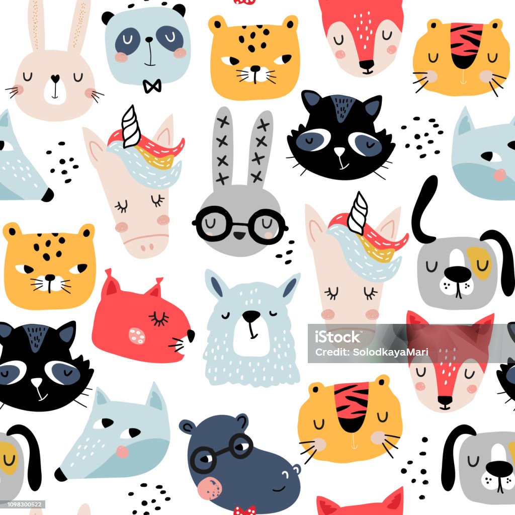 Seamless Childish Pattern With Funny Animals Faces Creative Scandinavian  Kids Texture For Fabric Wrapping Textile Wallpaper Apparel Vector  Illustration Stock Illustration - Download Image Now - iStock