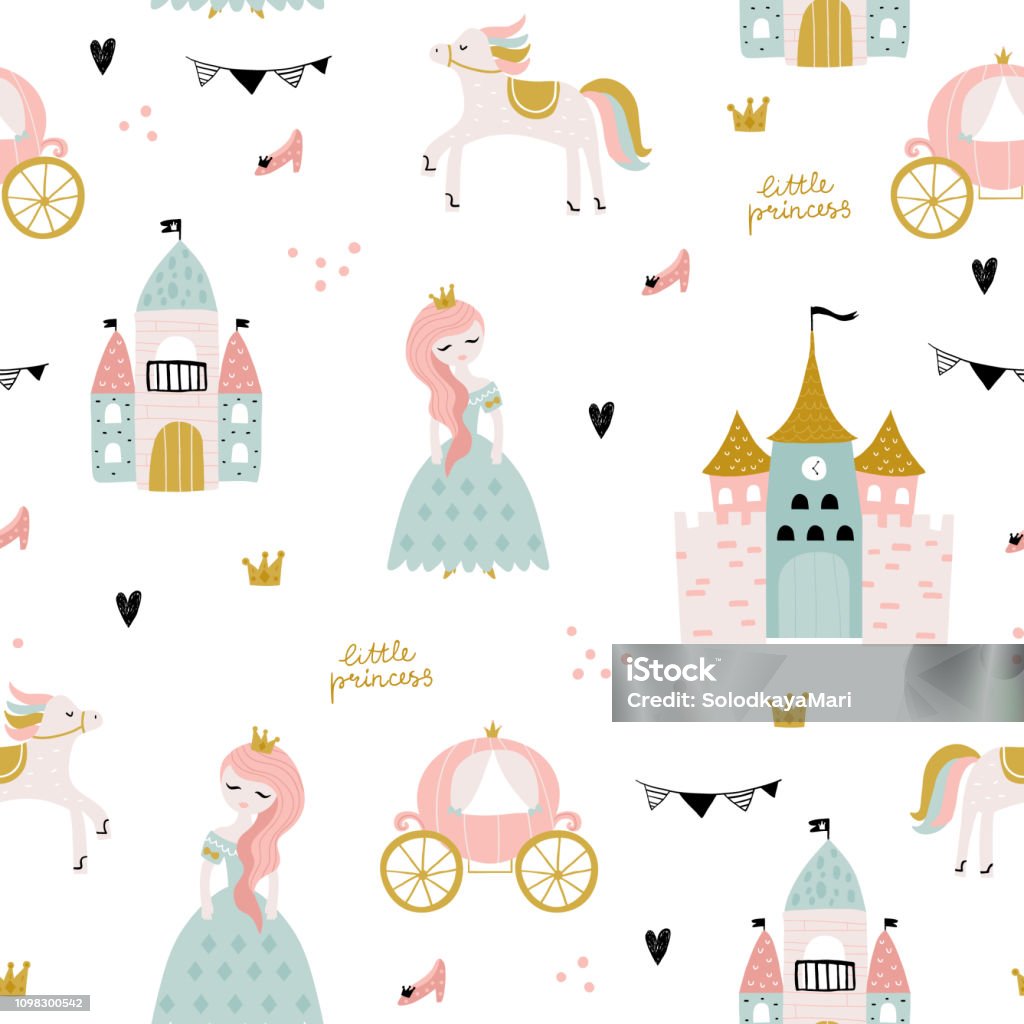 Childish seamless pattern with princess, castle, carriage in scandinavian style. Creative vector childish background for fabric, textile Princess stock vector