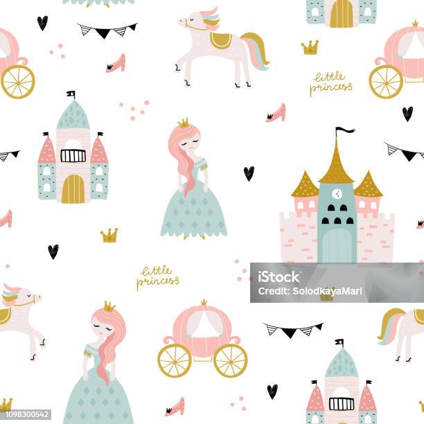 Childish Seamless Pattern With Princess Castle Carriage In Scandinavian Style Creative Vector Childish Background For Fabric Textile Stock Illustration - Download Image Now