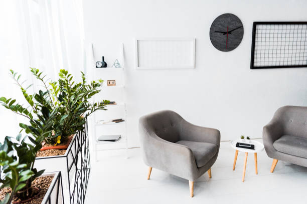 istock modern interior of waiting hall with grey armchairs and plants 1098306154