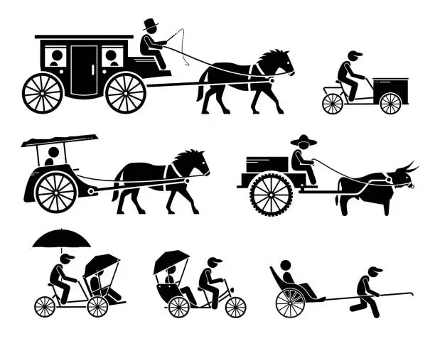 Vector illustration of Set of traditional, old, and ancient ground transportations.