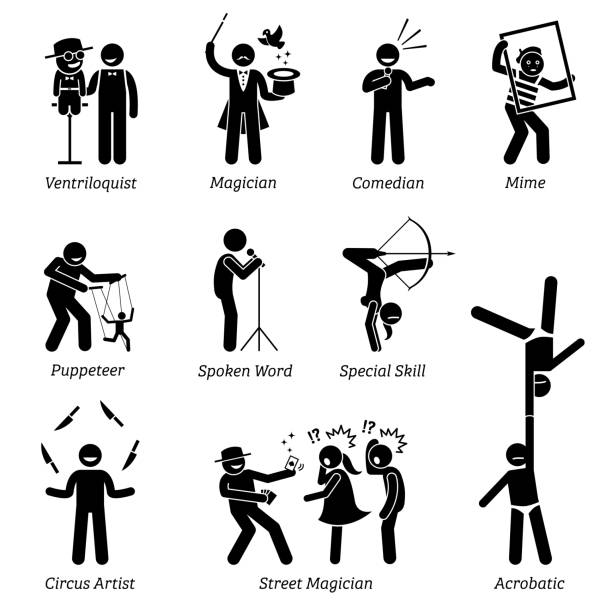 Theater stage performers, entertainers, artists, and live acts. Pictograms depict ventriloquist, magician, comedian, mime, puppeteer, spoken word, circus, street magician, and acrobatic skills. charades stock illustrations