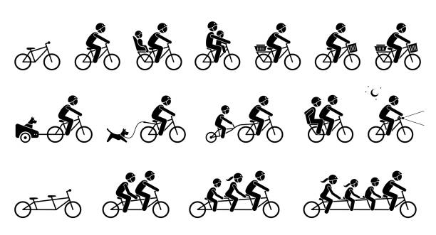 Bicycle accessories and equipments. Pictograms depicts type of bicycle attachments, seats, gears, and parts for adult, child, pet dog, and family. Tandem bicycle for two, three, and four seater. bicycle symbols stock illustrations