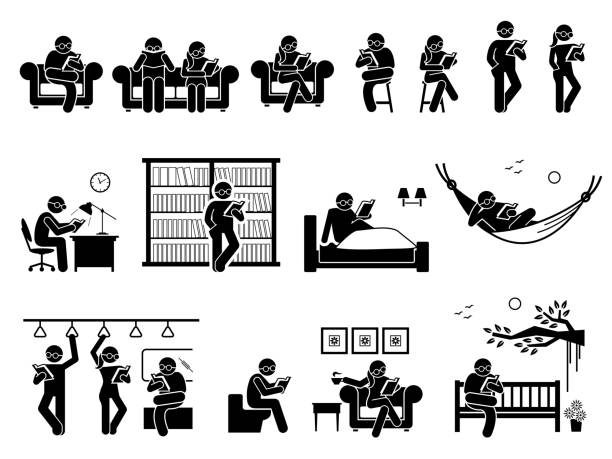 People reading book at different places. Pictogram depicts man and woman sitting and standing to read book on couch, chair, table, library, bed, hammock, train, toilet, coffee shop, and garden park. hammock relaxation women front or back yard stock illustrations