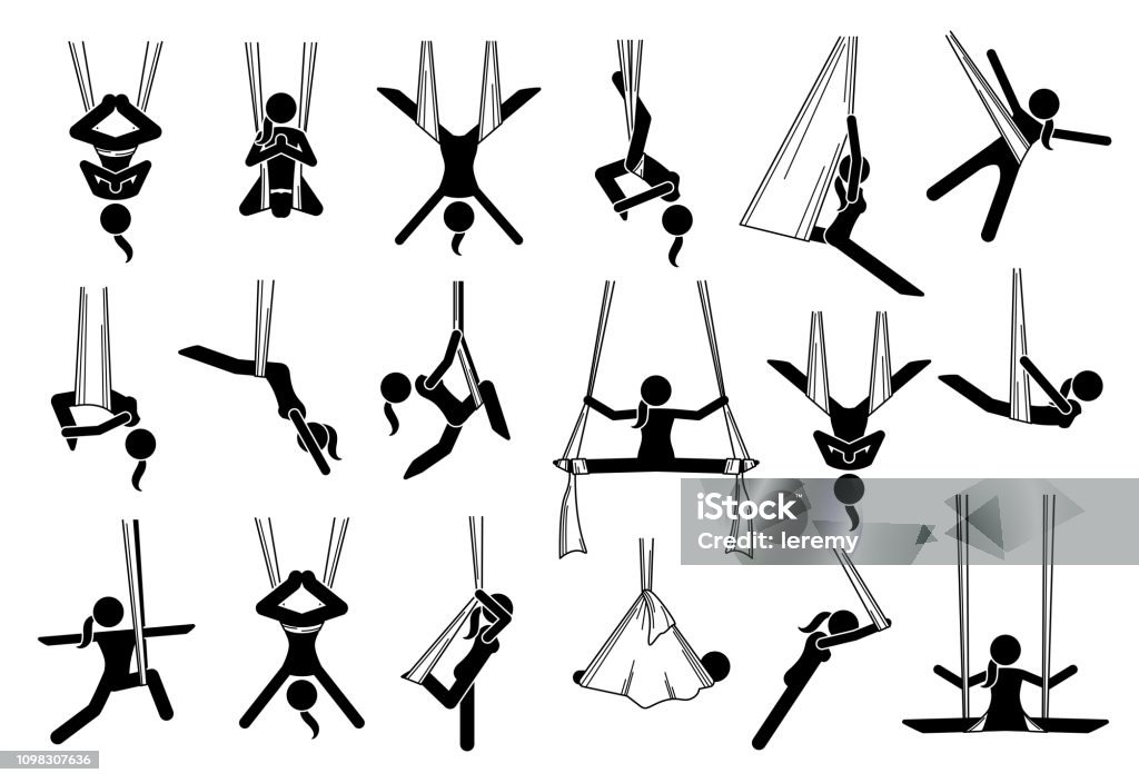 Aerial yoga icons. Illustrations depict a woman performing anti gravity yoga exercise in different poses and positions with a hammock. The techniques are for beginners and experts. Yoga stock vector