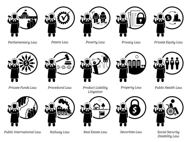 Different type of laws. Icons depict field and area of laws, justice, jurisdictions, regulations, and legal system. Part 6 of 7. procedural generation stock illustrations