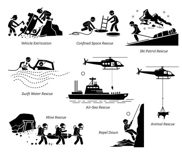 Rescue operations pictograms. Illustrations depict life saving and rescue operation in different places and situations for both human and animal. sinking ship vector stock illustrations