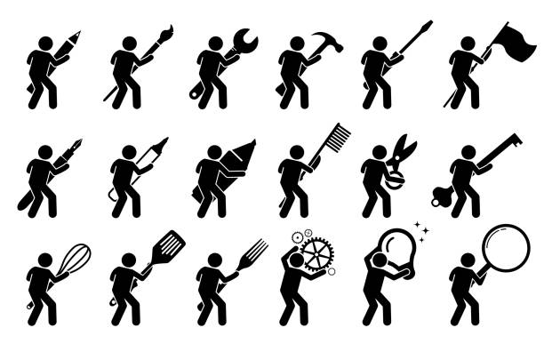 strichmännchen strichmännchen mit verschiedenen werkzeugen und ausrüstungen. - holding screwdriver stock-grafiken, -clipart, -cartoons und -symbole