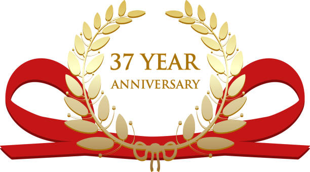 Thirty Seven Year Anniversary Celebration Gold Award Thirty seven year anniversary celebration gold award with a red ribbon and a golden laurel wreath. number 37 illustrations stock illustrations