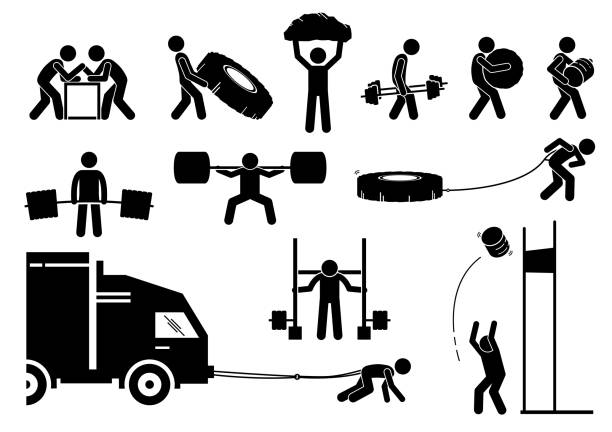 illustrations, cliparts, dessins animés et icônes de force d’athlétisme strongman concurrence des icônes. - fitness trainer