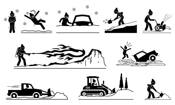 People having problems with snow and ice during winter. Pictogram depicts icons of human removing snows from roof, road, street, and house with snow plow truck, shovel, snow blower, and flamethrower. winterdienst stock illustrations