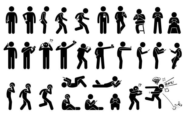 Man using, holding, and carrying phone or smartphone in different basic position and postures. Stick figures depict a set of human with a cellphone. selfie illustrations stock illustrations