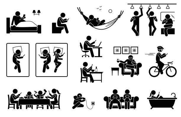People using phone at different places. Icons depict human with smartphone on bed, toilet, train, sofa, and bathtub. They also use phone during work, meal, resting, cycling and charging battery. family dinner stock illustrations