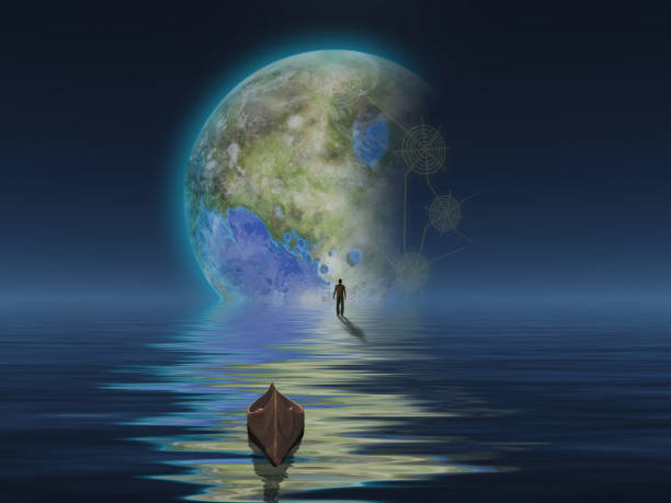 istock Man with boat on water surface before the terraformed moon 1098311012