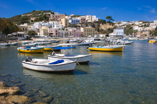Panoramic view of Ponza harbor with boats on summer day