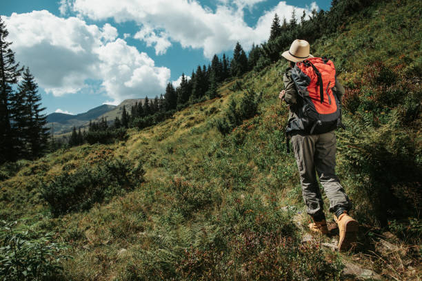 istock Young girl with backpack walking down the forest path 1098315208