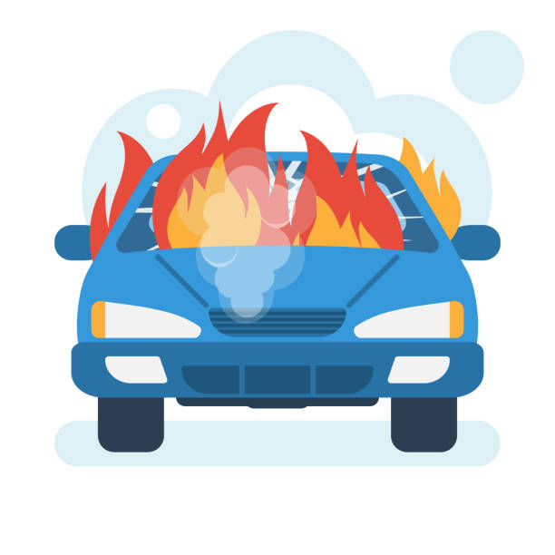 Burning car icon. Car on fire Burning car icon. Car on fire. Broken auto covered with fire and smoke. Vector illustration flat design. Isolated on white background. open flame stock illustrations