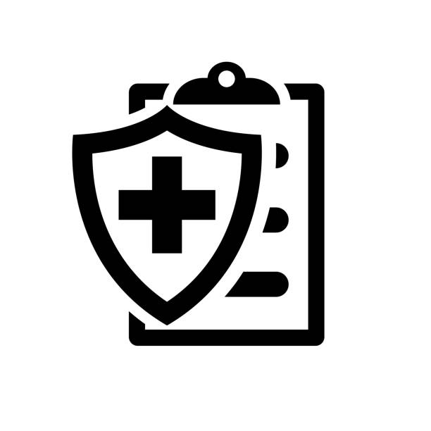 Medical insurance black silhouette icon Medical insurance black silhouette icon. Patient protection. Medical report sign. Clipboard and shield with a cross as a symbol insurance. Vector illustration flat design. Isolated on white background. health shield stock illustrations
