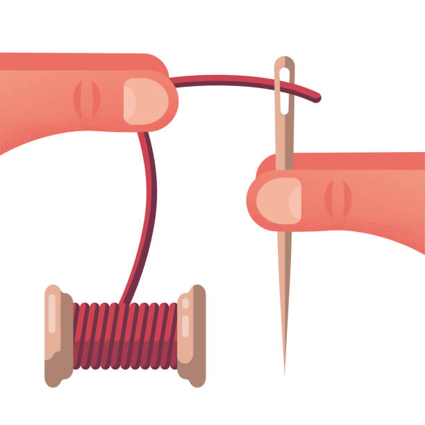 ilustrações de stock, clip art, desenhos animados e ícones de thread into the needle. human holds in his hands a thread and a needle - needle thread sewing red