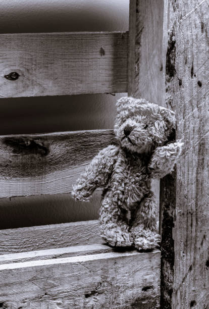 istock Plush teddy bear stand on wooden background black and white 1098318216