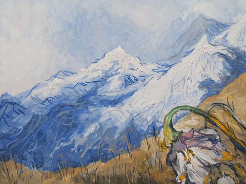 Fashionable illustration modern art work my original oil painting on canvas impressionism spring mountain landscape with snow-capped mountains and edelweiss blooming against a blue sky and clouds