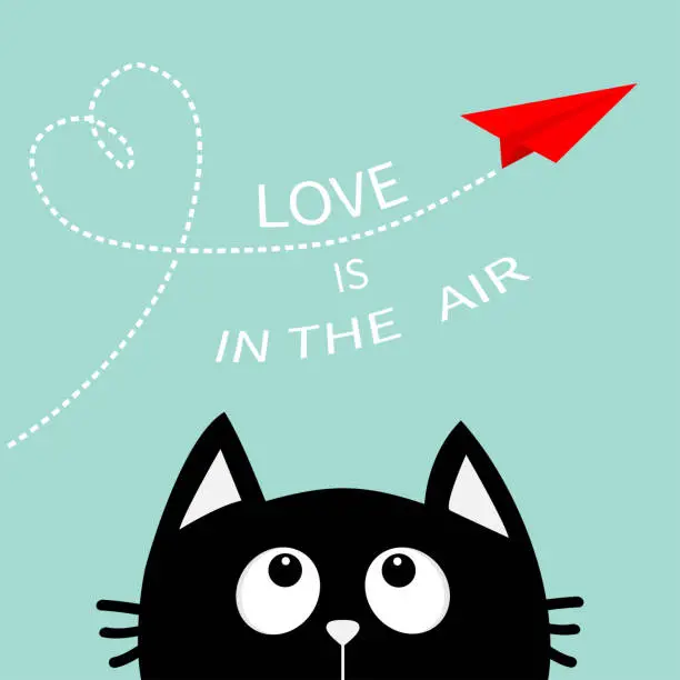 Vector illustration of Heart loop Love is in the air text. Black cat looking up to red flying origami paper plane. Dashed line Valentines Day. Greeting card. Cute cartoon animal character. Flat design Blue background