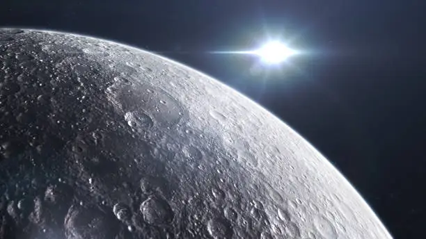 Moon seen from space. CG graphics created using VC ORB and Optical Flares plugin AF Adoby. Texture map used from: https://www.solarsystemscope.com/textures/download/8k_moon.jpg