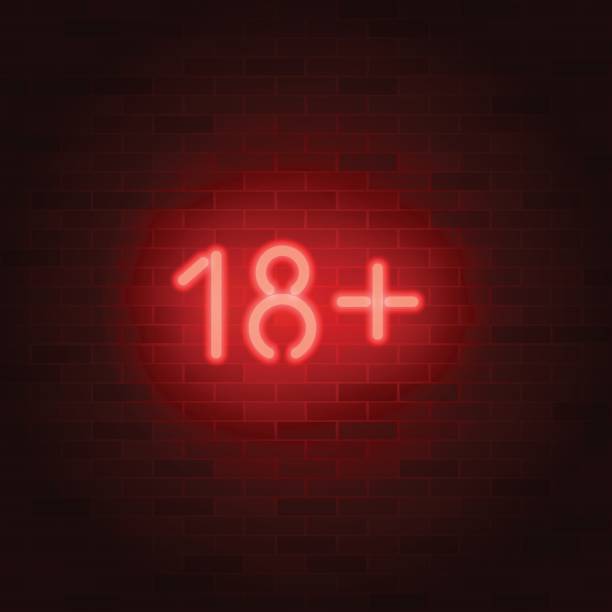Neon vector sign 18+ on brick wall. Age rating symbol vector art illustration