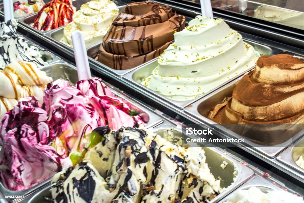 Counter with ice cream in a candy store Gelato Stock Photo