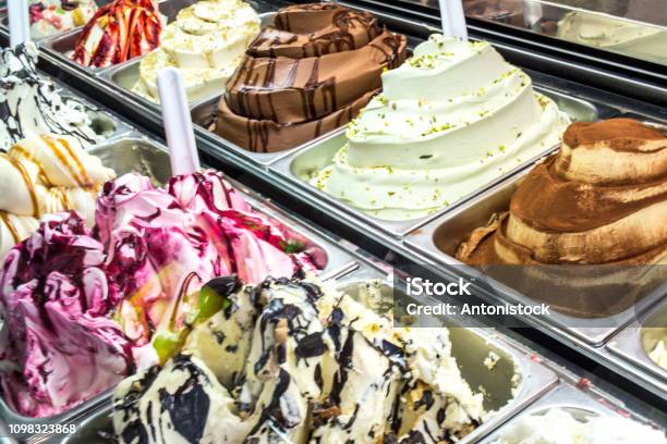 Counter With Ice Cream In A Candy Store Stock Photo - Download Image Now - Gelato, Ice Cream, Bar Counter