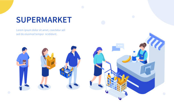 cashier People waiting in line at grocery supermarket. Can use for web banner, infographics, hero images. Flat isometric vector illustration isolated on white background. retail clerk illustrations stock illustrations