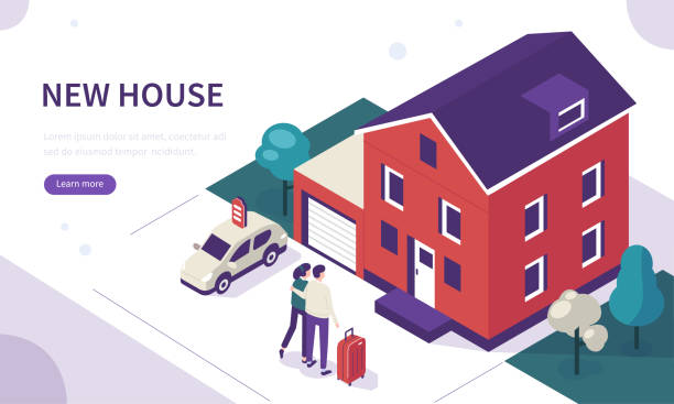 house Young family standing near new house. Can use for web banner, infographics, hero images. Flat isometric vector illustration isolated on white background. family home stock illustrations
