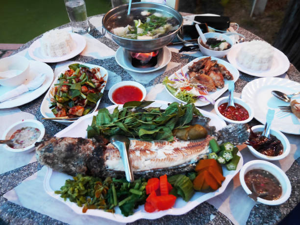 istock Traditional dinner cuisine food set  thai style on table at restaurant 1098326608