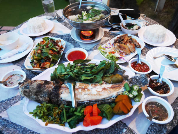 istock Traditional dinner cuisine food set  thai style on table at restaurant 1098326728
