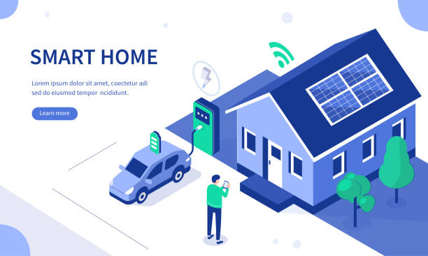 smart house Smart house with solar panel and electric car. Can use for web banner, infographics, hero images. Flat isometric vector illustration isolated on white background. power line illustrations stock illustrations