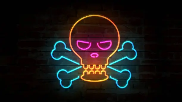 Photo of Skull neon icon on brick wall 3D illustration