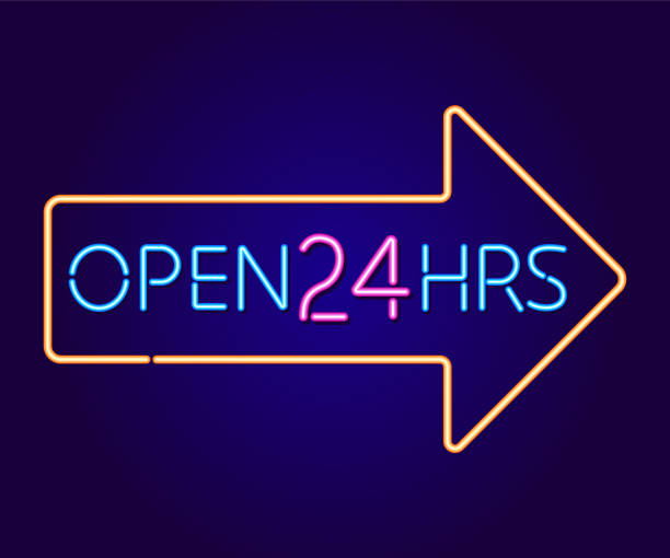 Open 24 Hrs Arrow Vector Open 24 Hrs Text With Arrow in Neon Lights 24 hours neon sign stock illustrations