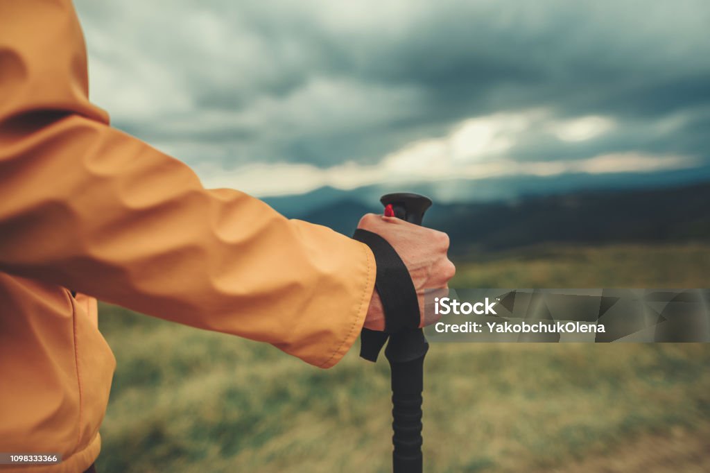 Close up of a femal hand holding a handle of Nordic walking stick Close up of womans hand holding a Nordic walking stick while traveling in the mountains Adult Stock Photo