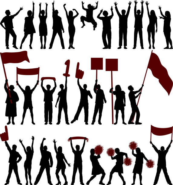 fans und demonstranten - cheering group of people silhouette fan stock-grafiken, -clipart, -cartoons und -symbole