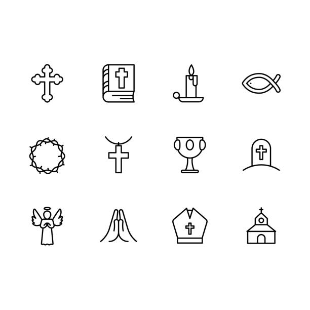 ilustrações, clipart, desenhos animados e ícones de rgbsimple básico definir religião símbolos e ícone da linha de igreja. contém tal livro biblia sagrada, vela, cruz religiosa ícone, coroa de espinhos, cálice, cálice, templo, oração, túmulo, morte, anjo - grail