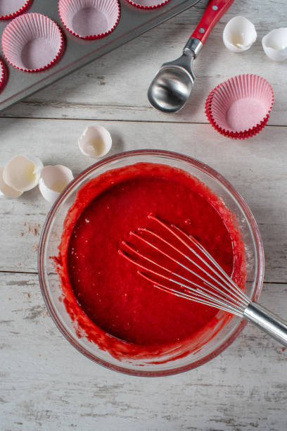 red velvet cake batter with ingredients stock photo