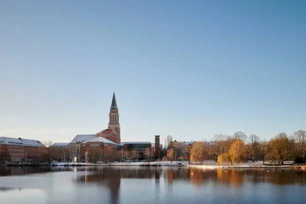 Kiel, Germany - January 18, 2019: Town Hall, Opernhaus and St. Nikolaus Church, view over Kleiner Kiel