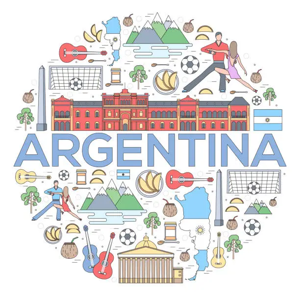 Vector illustration of Country Argentina travel vacation guide of goods, places and features. Set of architecture, fashion, people, items or nature background concept. Infographic template design
