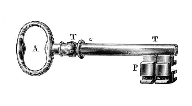 アンティークの製造業の図彫刻: ロックおよびキーの生産 - old fashioned antique lock machine part点のイラスト素材／クリップアート素材／マンガ素材／アイコン素材